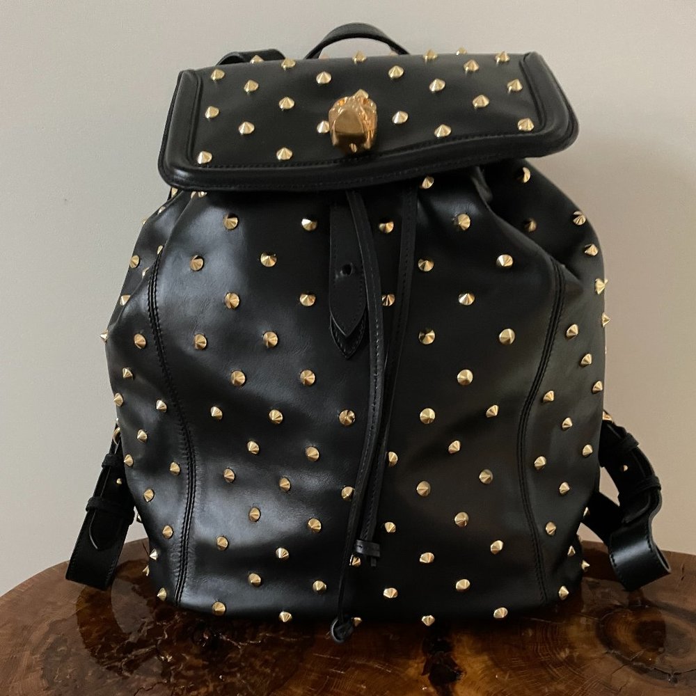 Alexander McQueen black leather gold studded backpack
